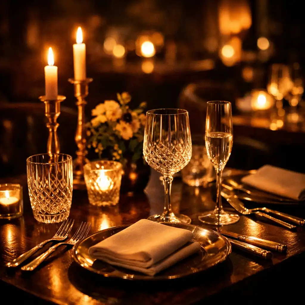 Elegancko nakryty stół w ciemnej restauracji oświetlony świecami