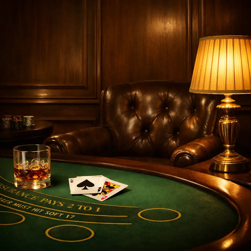 Kameralny kącik w strefie kasyna ze stołem do blackjacka, skórzanym fotelem i kieliszkiem whisky