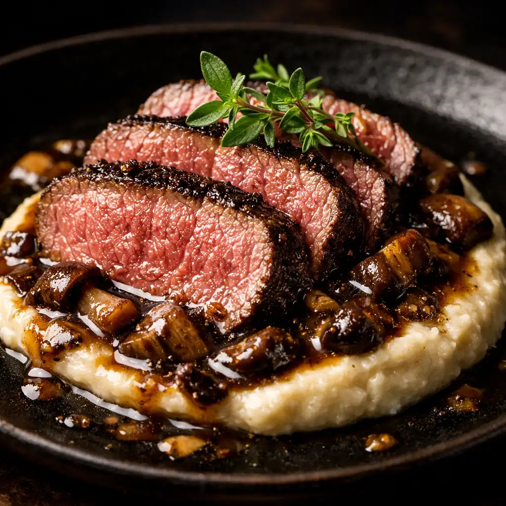 Polędwica wołowa sous-vide z puree z topinamburu i sosem z borowików