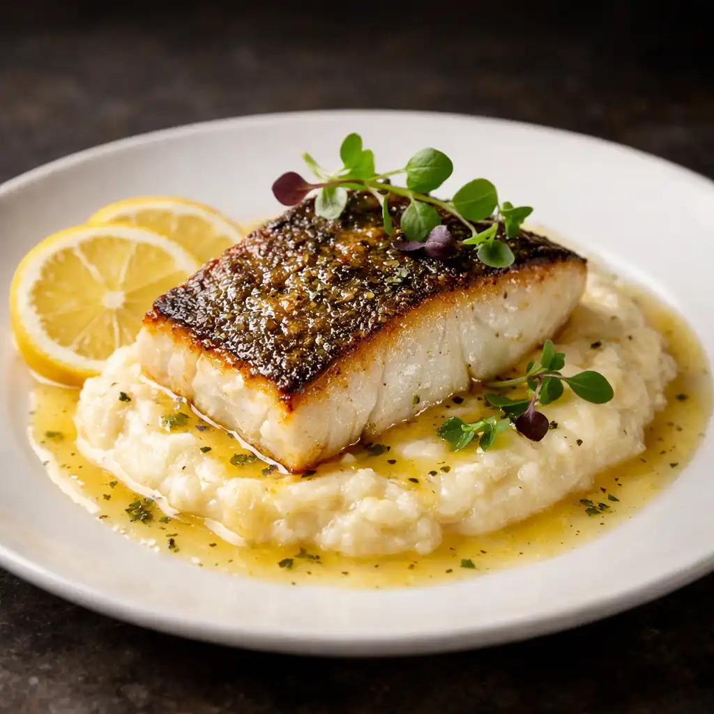Pieczony halibut na skórze z puree z kalafiora i maślanym sosem cytrynowym