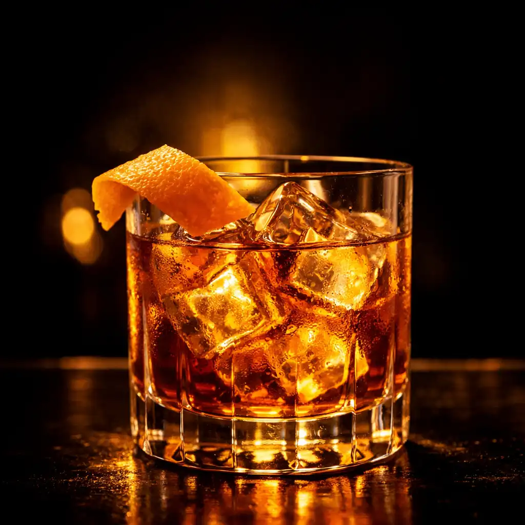 Koktajl Bursztynowy Wieczór w szkle old fashioned na ciemnym barze, z kostkami lodu i skórką pomarańczową