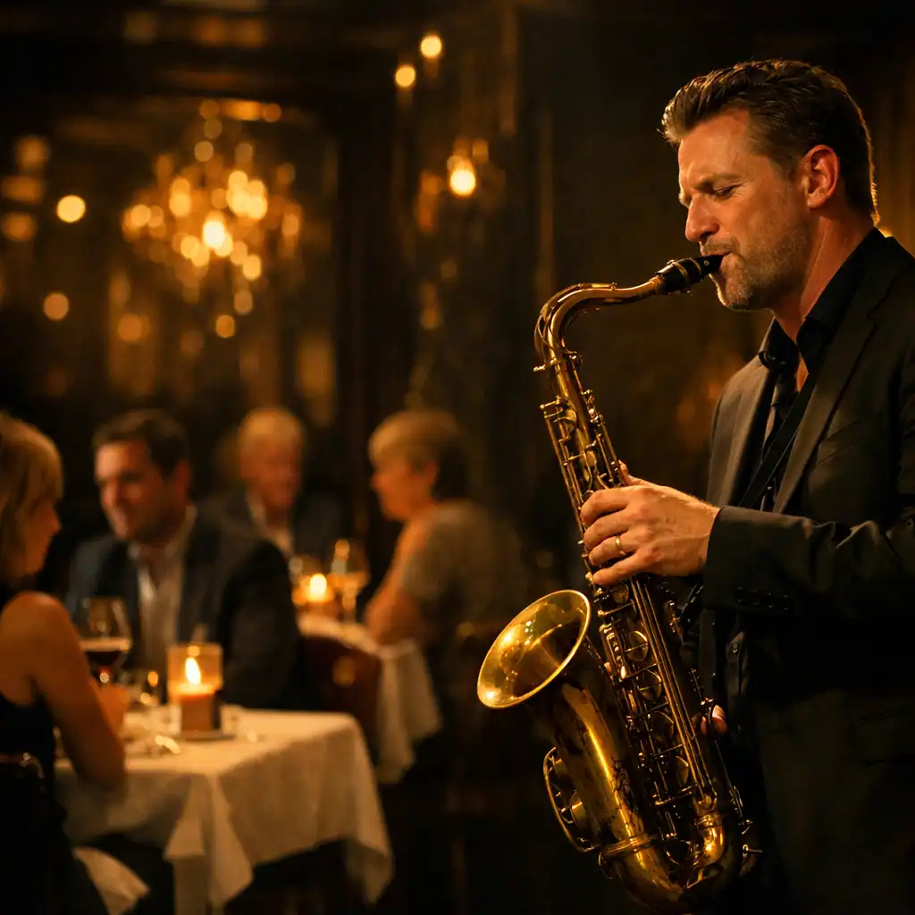Saksofonista podczas kameralnego koncertu jazzowego w restauracji