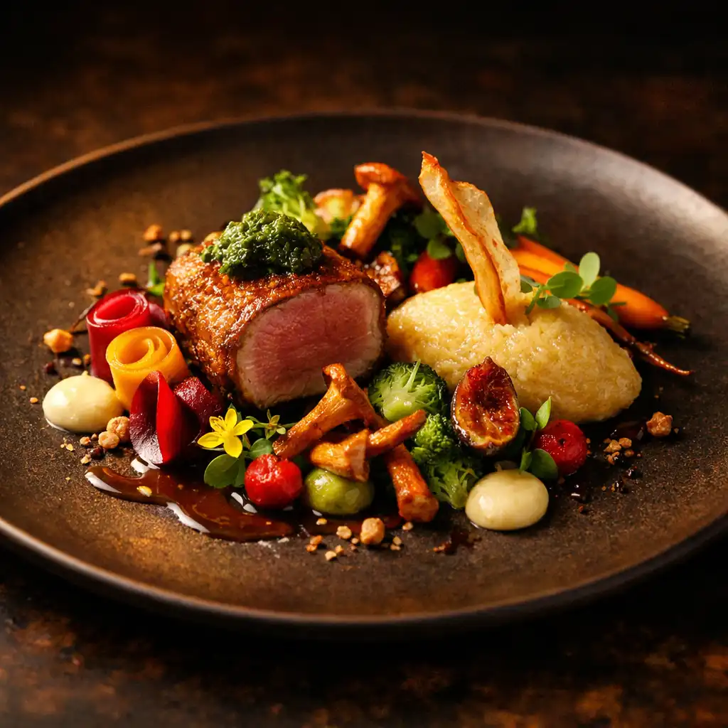 Wyrafinowane danie kuchni fine dining na ciemnym talerzu z sezonowymi składnikami i artystyczną kompozycją