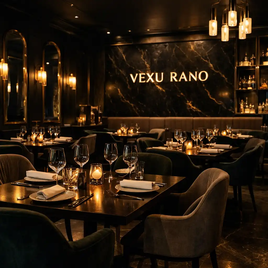 Sala główna restauracji Vexu Rano z ciemnymi ścianami, złotymi detalami i nastrojowym oświetleniem