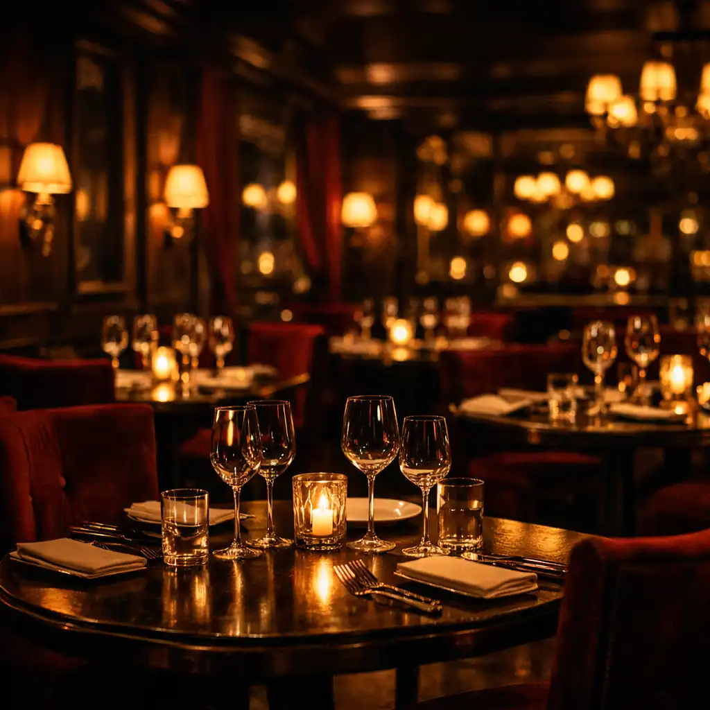 Wnętrze ekskluzywnej restauracji Vexu Rano nocą z ciepłym bursztynowym światłem i eleganckimi stolikami