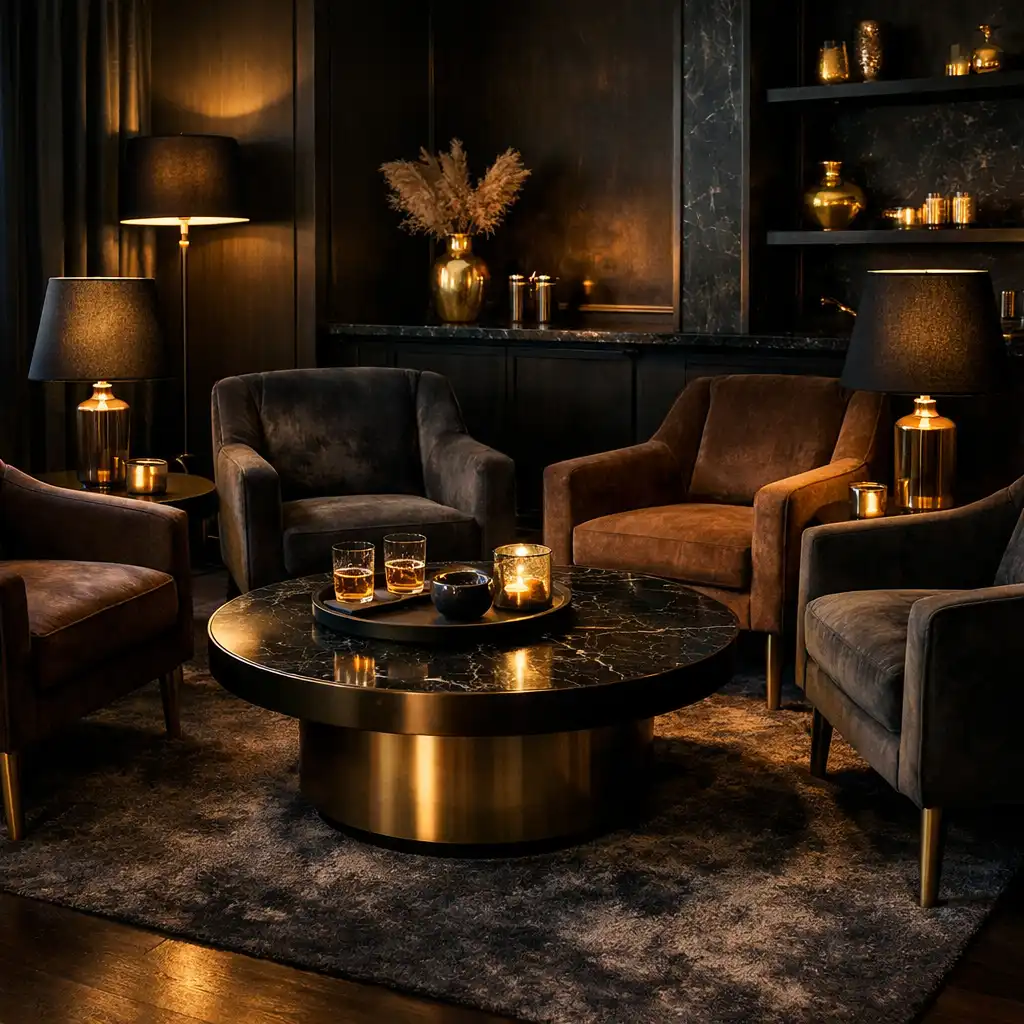 Strefa lounge z wygodnymi fotelami i niskim stolikiem w ciemnej eleganckiej aranżacji