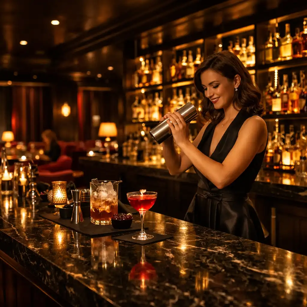 Wieczorny bar w lounge Vexu Rano z ciemnego marmuru, podświetlanymi półkami i barmanką przygotowującą koktajl