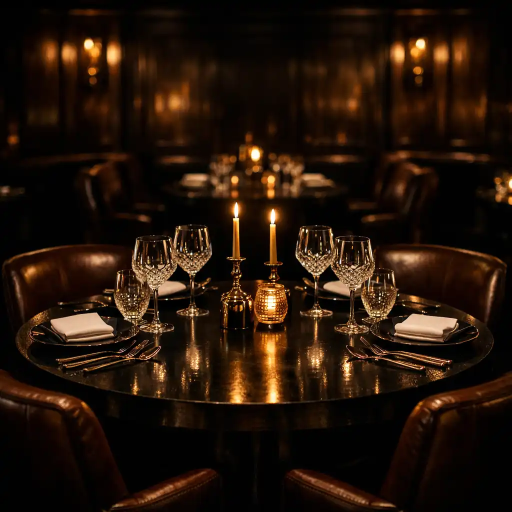 Ciemne, luksusowe wnętrze restauracji Vexu Rano wieczorem z elegancko nakrytym stołem