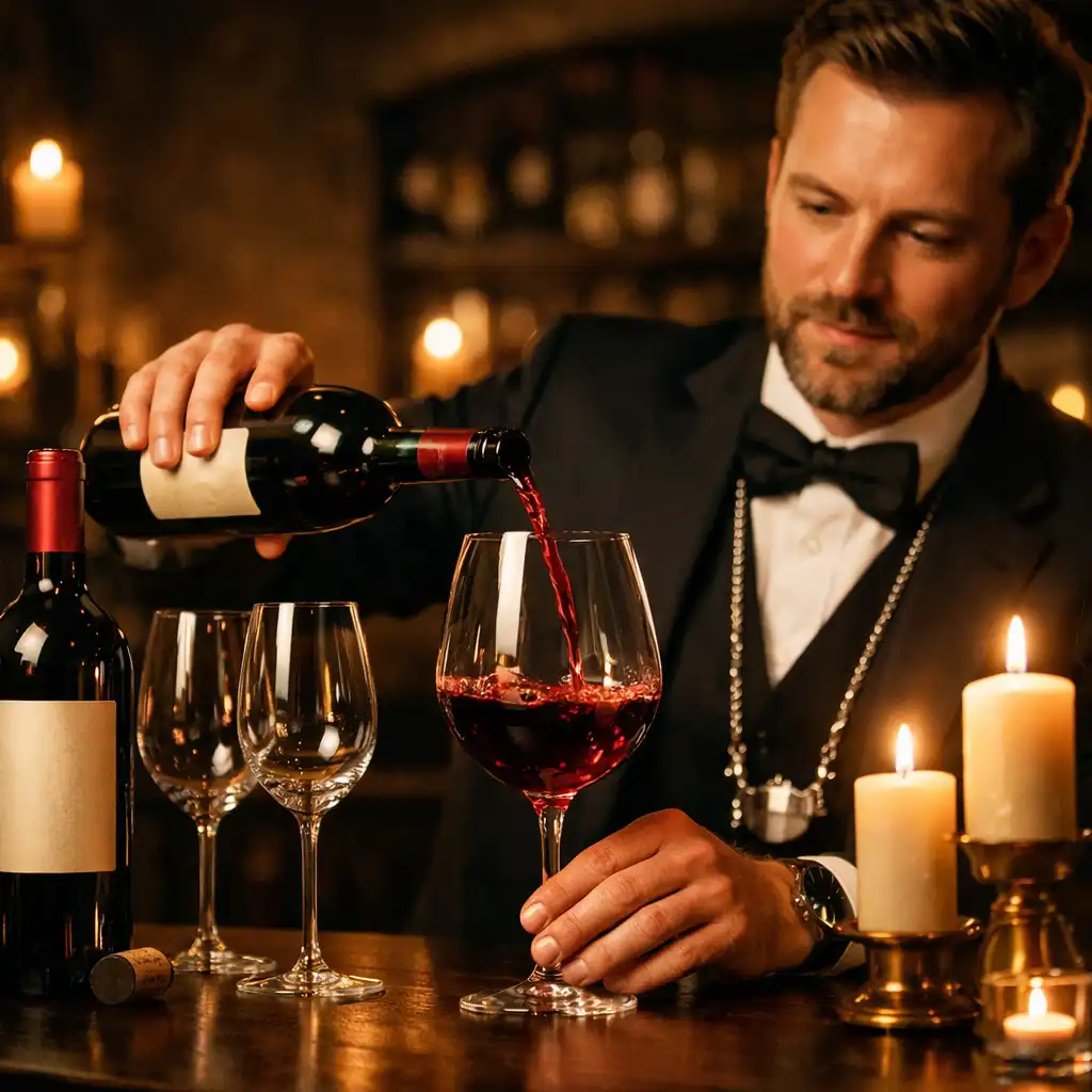 Sommelier nalewa czerwone wino do kieliszka podczas degustacji w eleganckiej sali restauracyjnej